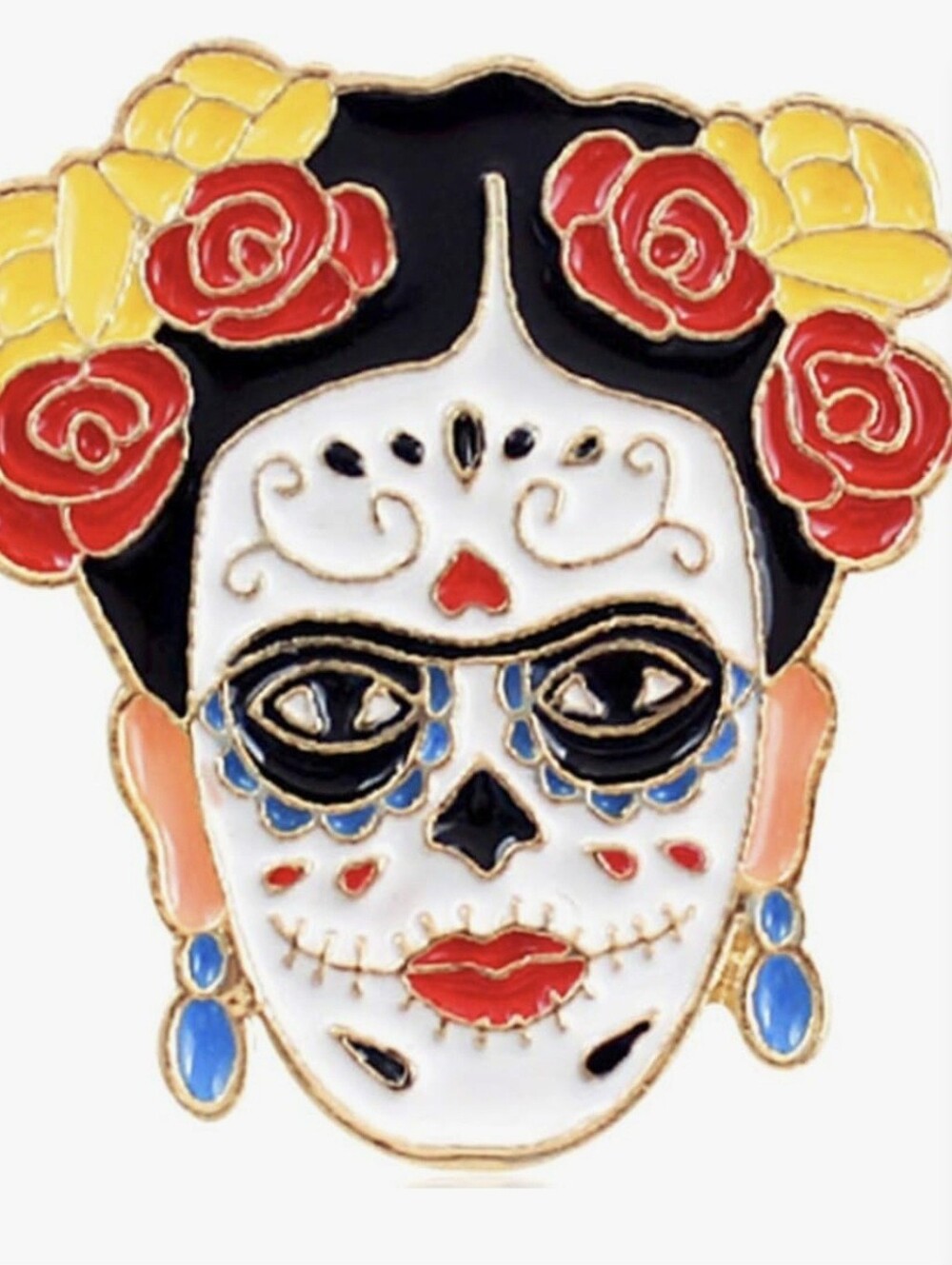 Frida Kahlo 'Day Of The Dead' Enamel Lapel Pin - Red, Yellow & Blue 1.5x1.5"